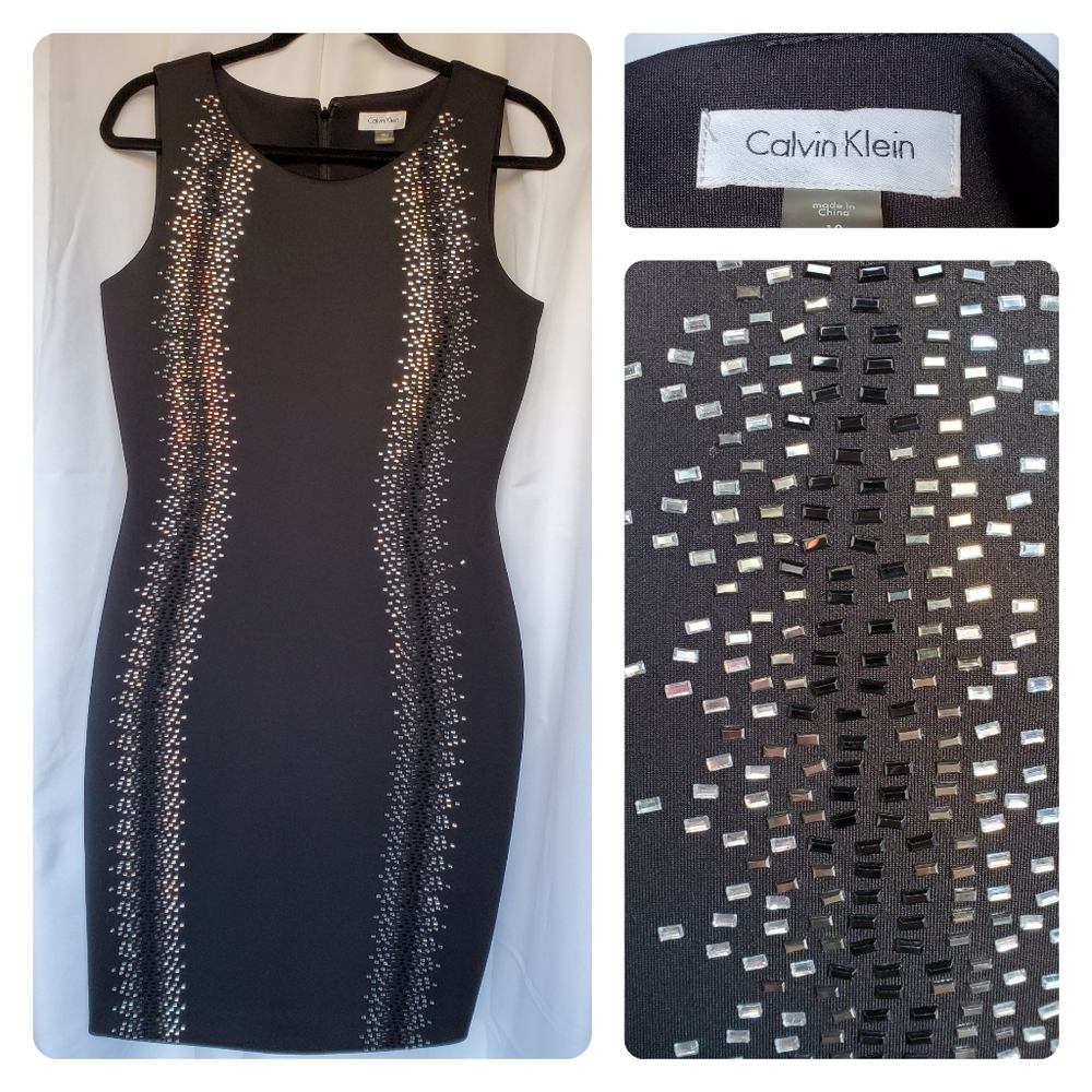 Calvin Klein Black Scuba Crepe Bodcon Beaded Dress